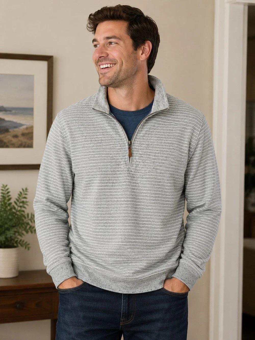 johnnie-O Heather Gray Striped Quarter-Zip Pullover